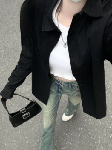 Designed pure cotton retro black shirt women's trendy and cool mid-length spring shirt long-sleeved top jacket