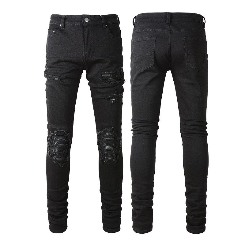 Foreign trade men's pleated whiskers patch jeans ripped jeans simple slim fit pants