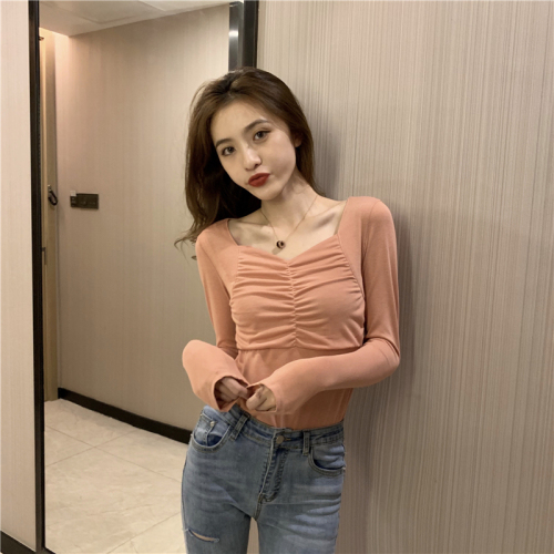 Real shot Korean version of the new sexy square collar pleated bottoming shirt for women long-sleeved T-shirt slim fit top