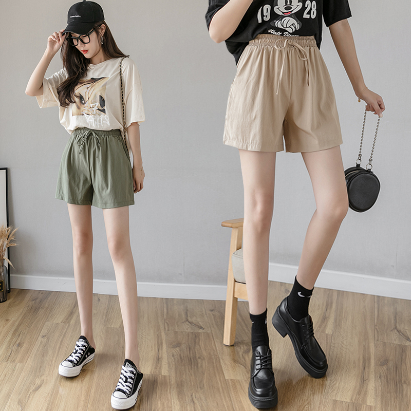 Lace-up cotton and linen shorts for women in summer, thin, loose, a-line, high-waisted, wide-leg pants, casual pants, ice silk trousers