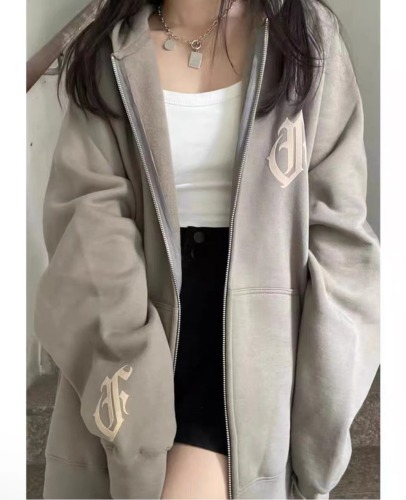 CVC Huamian 2024 new coat autumn and winter ins national trend Korean version lazy loose zipper cardigan hooded sweatshirt for women