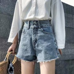 Double-button denim shorts for women, new summer outer wear, Korean style high-waisted, slim, loose and versatile, a-line wide-leg hot pants, trendy