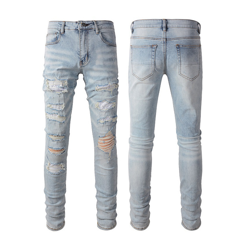 High Street Stretch Jeans Men's Light Color Retro Diamond Patch Jeans Youth Slim Fit Versatile Stretch Pints