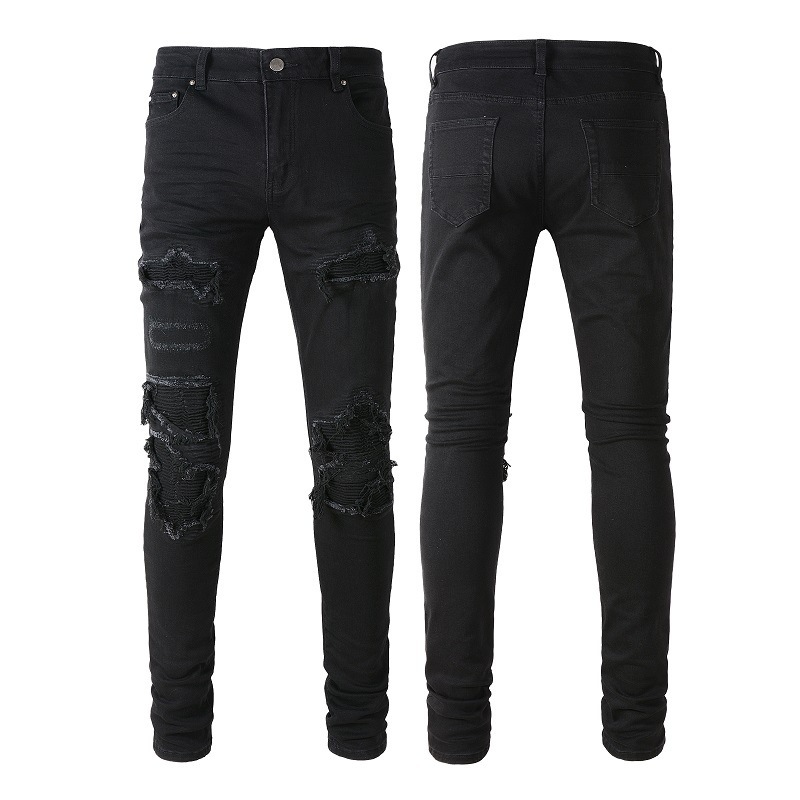 Cross-border black patch pleated jeans men's street broken copper slim-fit small-leg pants men's clothing wholesale