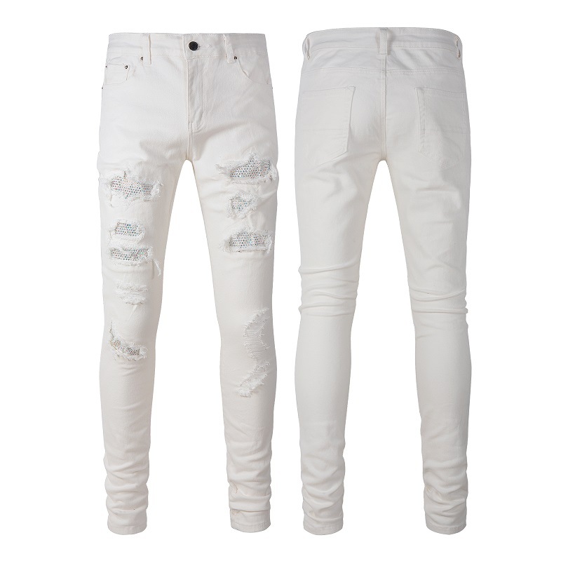 Cross-border jeans high street elastic slim retro jeans white diamond hole patch pants #7625