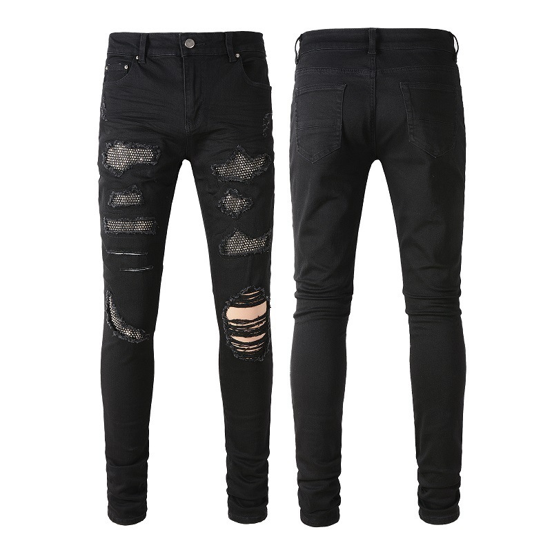 High Street Cross-Border Men's Jeans Black Whisker Patch Diamond Jeans Youth Slim Pints