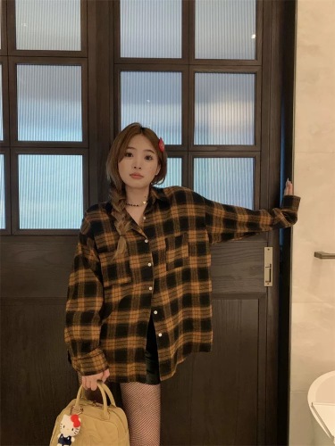 Autumn new large size fat mm American retro brushed plaid shirt top lazy style loose shirt jacket for women