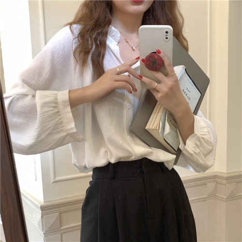 Real shot!  Korean all-match solid color V-neck shirt, simple retro, loose and slim long-sleeved shirt