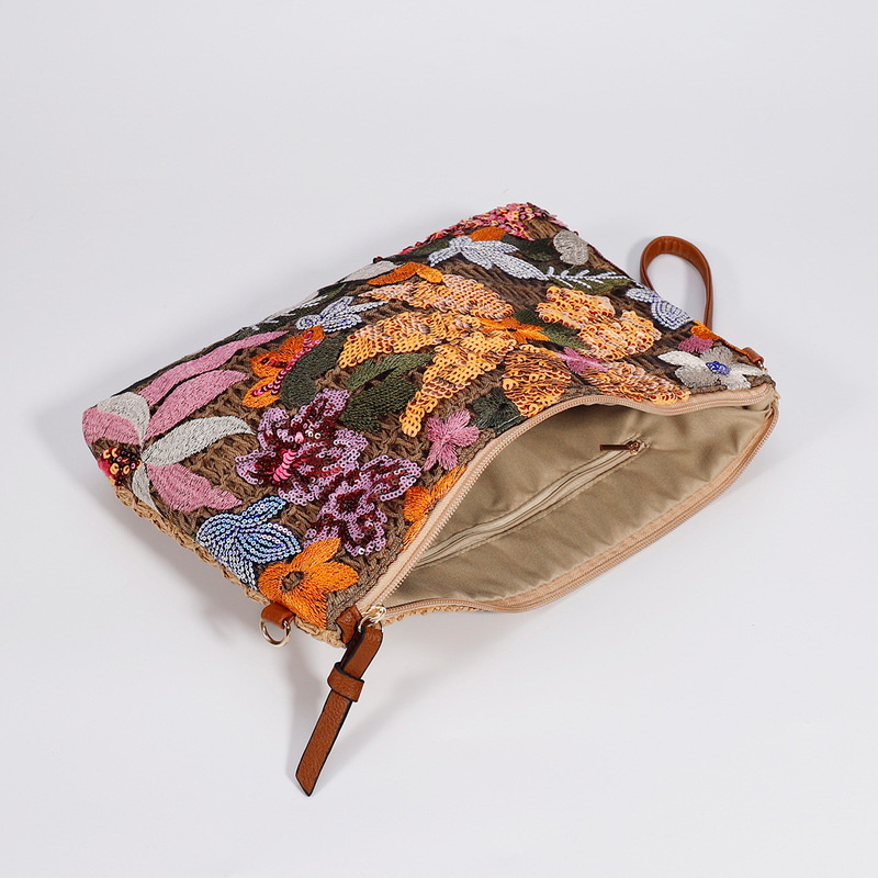 Woven papyrus cross-body bag cross-border summer new style sequin embroidered shoulder bag European and American large-capacity straw handbag