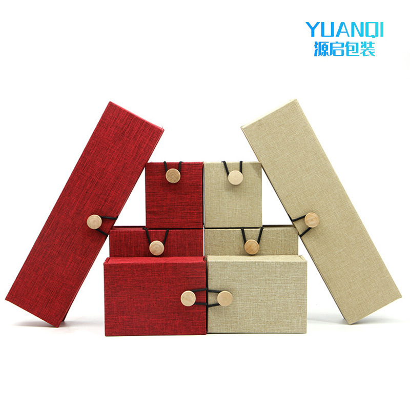 National style wooden buckle jewelry box Retro linen jewelry ring pendant necklace packaging jewelry box can be printed with logo