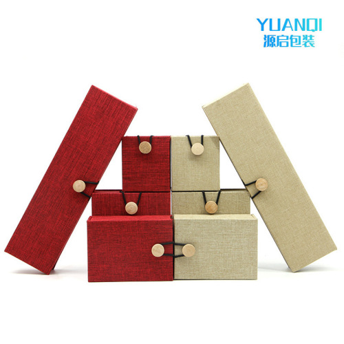 National style wooden buckle jewelry box Retro linen jewelry ring pendant necklace packaging jewelry box can be printed with logo