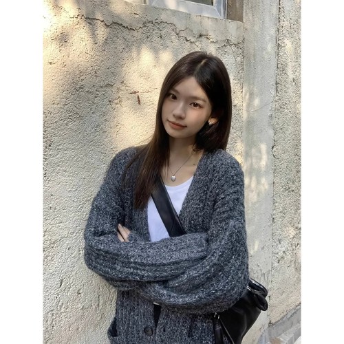 2024 Spring and Autumn Mid-Length Mixed Color Wool Knitted Cardigan Women's Versatile Literary Loose Korean Style V-Neck Sweater Jacket