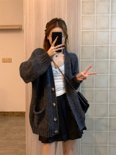 Korean heavy industry gray sweater cardigan jacket for women V-neck loose lazy style soft waxy thickened versatile autumn and winter outer wear