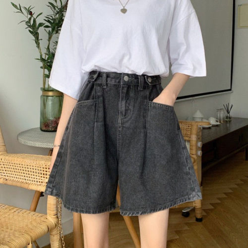 High-waist slim denim shorts for women's summer outer wear new Korean style loose and versatile straight jeans