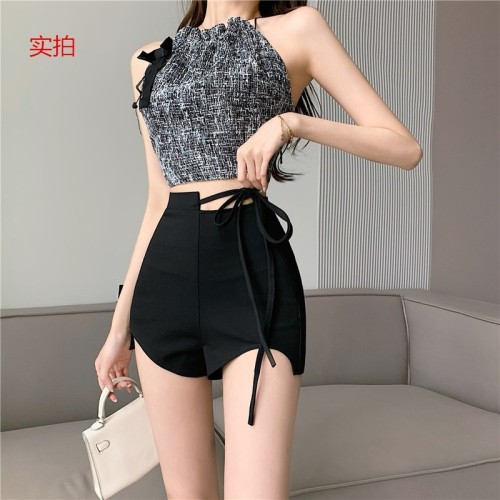 Backless sexy halterneck short halter top + designed hollow irregular laces