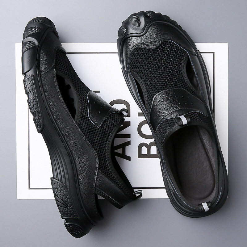 2023 summer new style cowhide mesh hollow shoes, one shoe, two wear cowhide sandals, one-shoe men's driving shoes