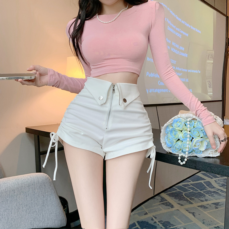 High-waisted slimming chic cuffed drawstring shorts new summer casual stretchy loose style hot pants