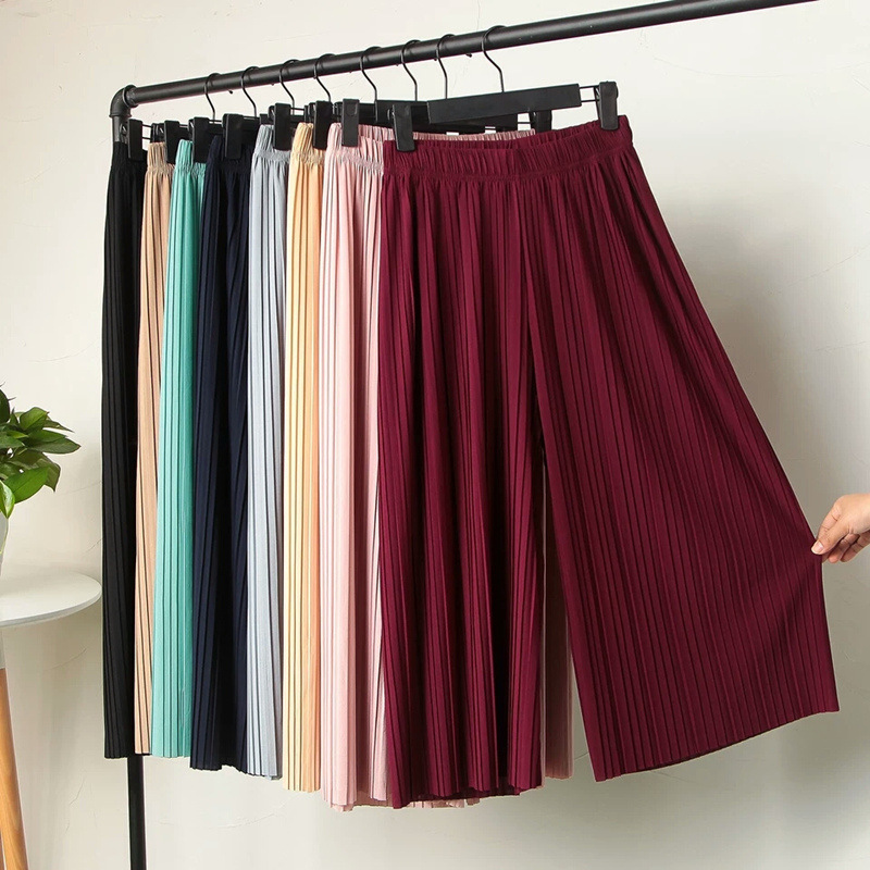 Women's hakama high-waist ruffled large size thin chiffon wide-leg pants pleated loose flared pants casual pants nine-point pants