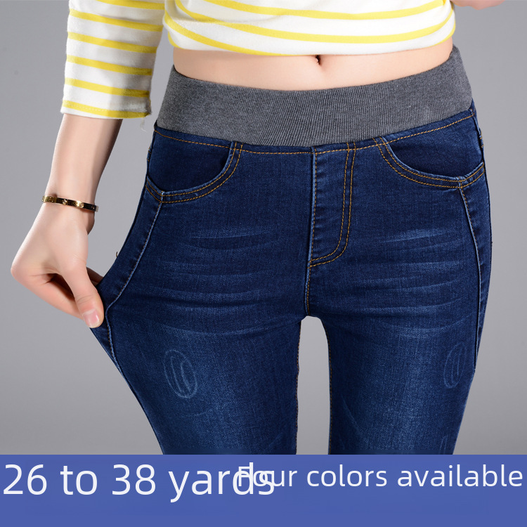 Elastic waist plus velvet jeans for women in autumn and winter new high waist large size fat mm elastic pencil pants for small feet
