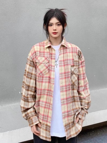 American retro irregular splicing contrasting plaid shirt spring and autumn loose casual versatile long-sleeved tops for couples trendy