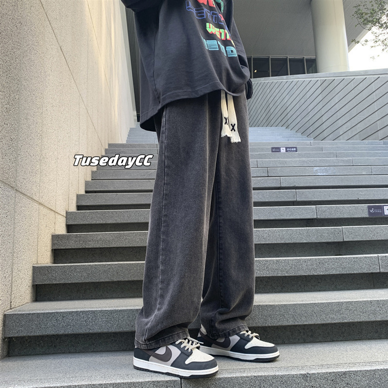 High Street Jeans Men's Autumn Loose Straight Wide Leg Pants Trendy Brand Versatile American Retro Elastic Waist Casual Pants