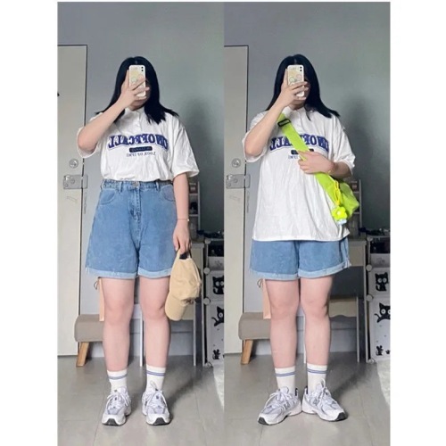 300 pounds summer Korean style large size fat mm slimming high waist wide leg medium pants women's loose straight straight five-point denim shorts