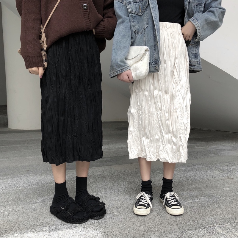 Loose and versatile pleated skirt, high waist hip skirt, long skirt, student skirt