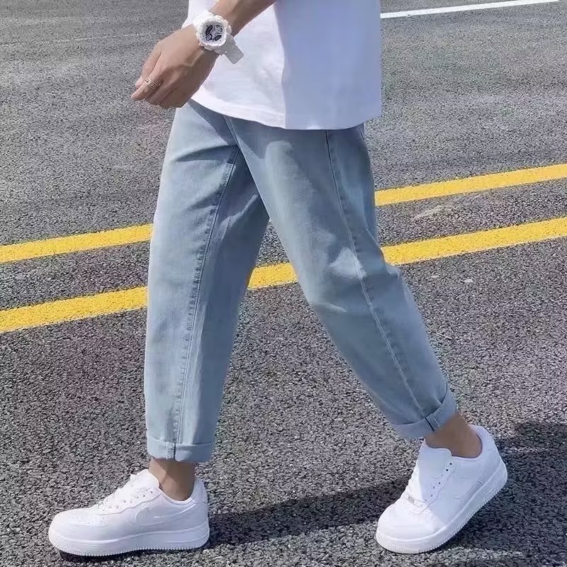 Autumn Thin Straight Leg Loose Jeans Men's Trendy Brand Loose Casual Tie Nine-Point Pants Male Students Korean Style Versatile