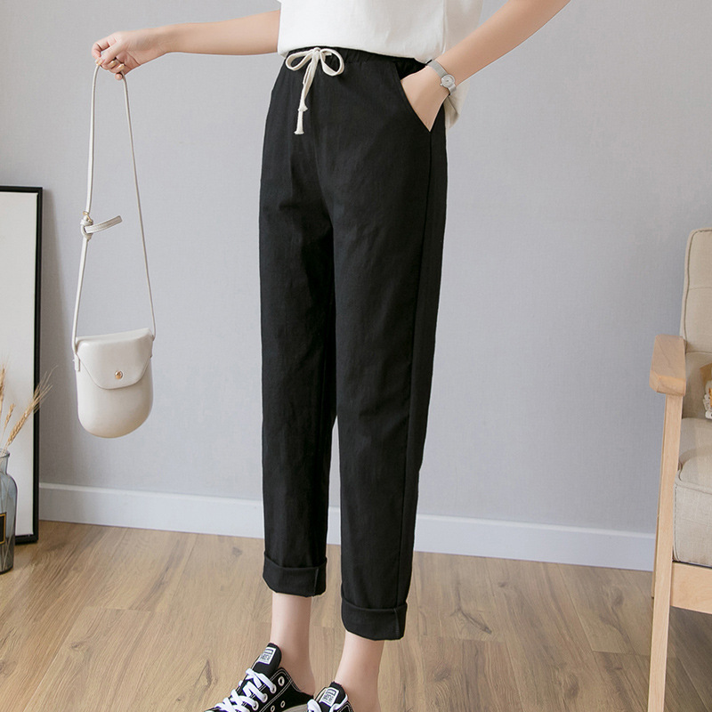 Spring and summer new style pure cotton large size women's pants nine-point pants solid color harem pants cotton and linen pants carrot pants loose casual pants