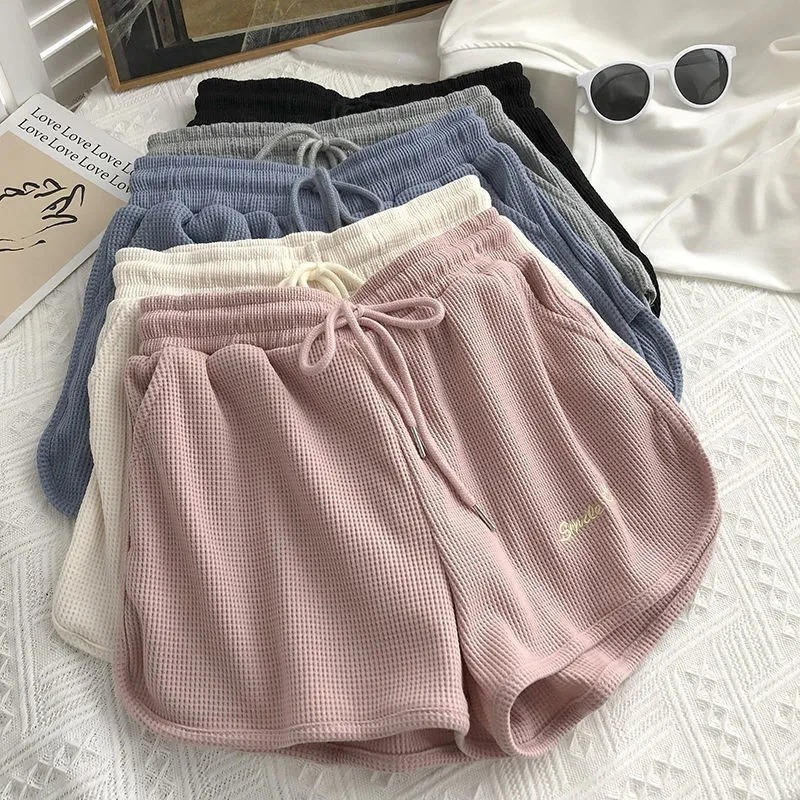 Waffle sports shorts women's summer new Korean style loose high-waist home wide-leg hot pants for outer wear