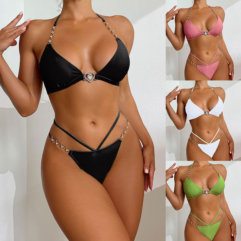 Amazon 2024 new sexy multi-color chain three-point swimsuit for women solid color high-waisted string bikini swimsuit