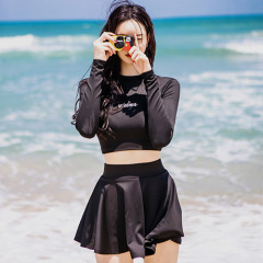 Sun protection swimsuit women's long-sleeved boxer high waist split belly skirt style conservative slimming black swimsuit