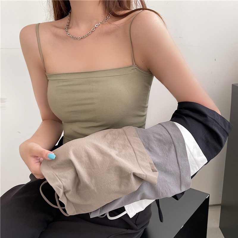 Solid color camisole women's summer outer top with fixed breast pads, no steel rims, thin straps, long thin tube top
