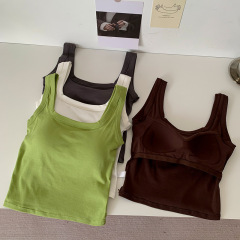 Square collar all-in-one solid color cotton camisole with chest pad and beautiful back for women to wear inside and outside, short bottoming sleeveless top