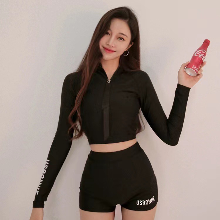 2024 new swimsuit for women Korean long-sleeved high-waisted two-piece set conservative slimming sexy hot spring swimsuit