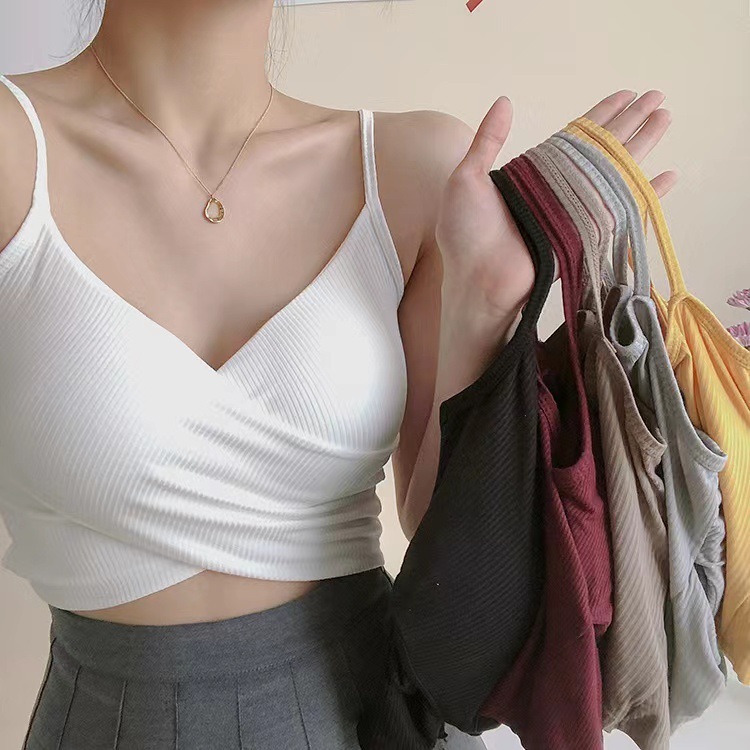 Threaded cotton beautiful back cross camisole for women with breast pads Korean style versatile outer wear and inner wear chest wrap sports bra for women