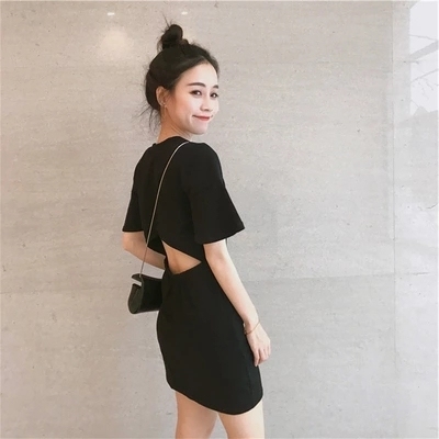 Summer Korean women's backless Hepburn little black dress slimming retro Yamamoto first love skirt temperament dress