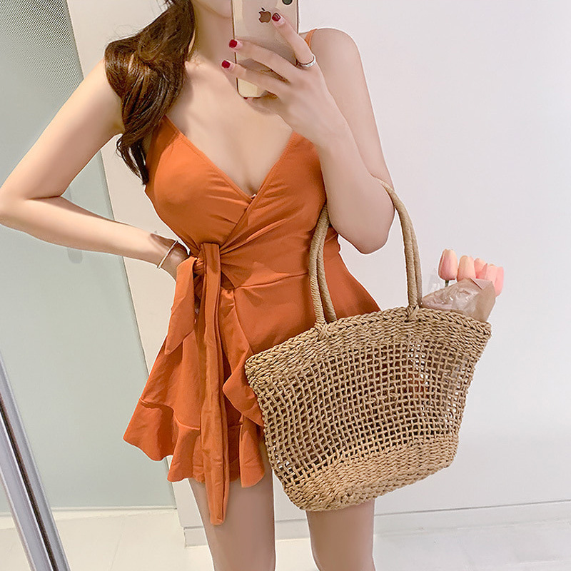 New underwire sexy breast-revealing bow conservative belly-covering slimming skirt-style boxer one-piece women's swimsuit