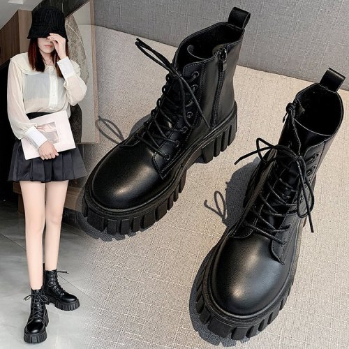 Thick-soled lace-up Martin boots for women in autumn and winter new Korean style leather boots for women comfortable soft-soled mid-calf boots for women