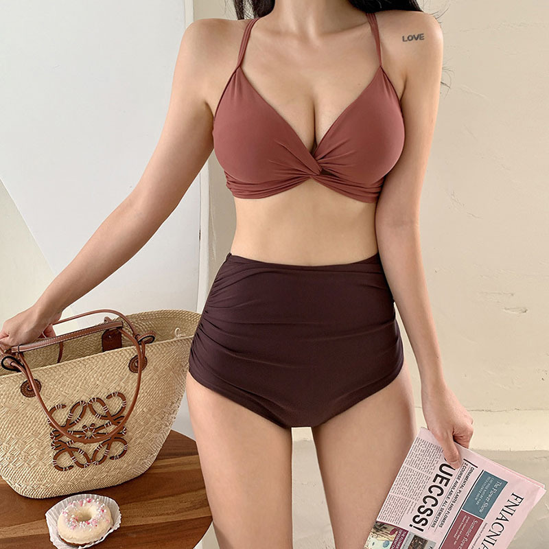 Korean style women's swimsuit split high waist bikini solid color push up cute small breasts BIKINI fashion spa swimsuit