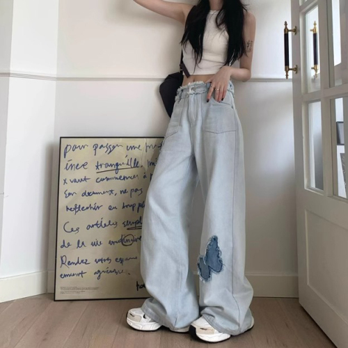 Korean style high-waisted wide-leg jeans for women spring new loose light blue butterfly loose drape straight pants