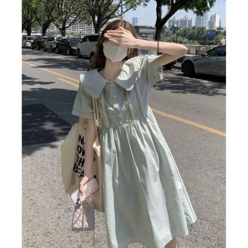 Summer small fresh French niche skirt  new baby collar mid-length short-sleeved petite dress for women