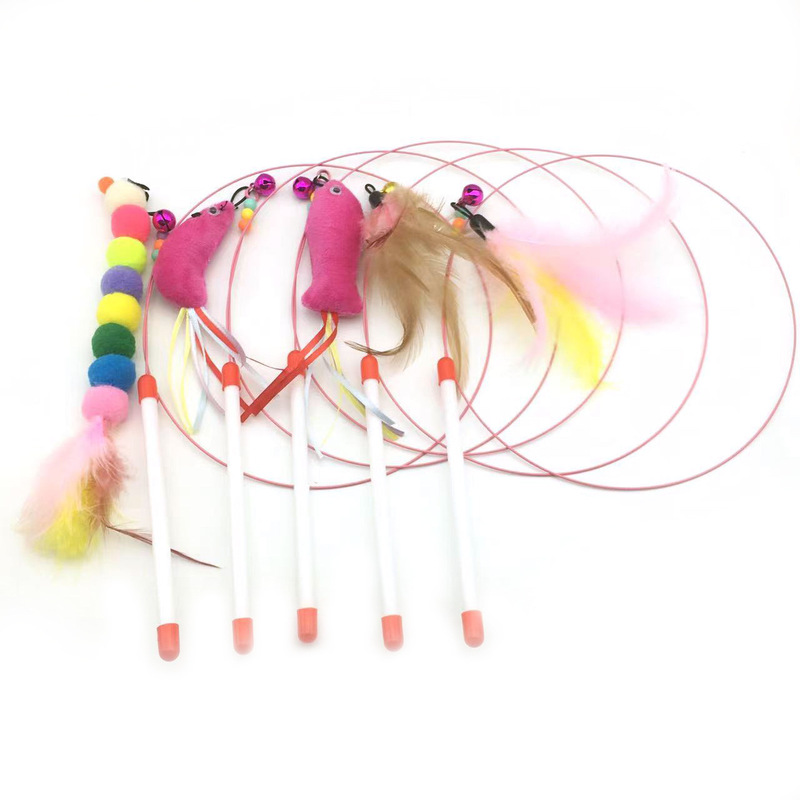 Long steel wire cat teasing stick with feather bell, cat teasing pole, replacement head, interactive self-entertaining bite-resistant cat toy