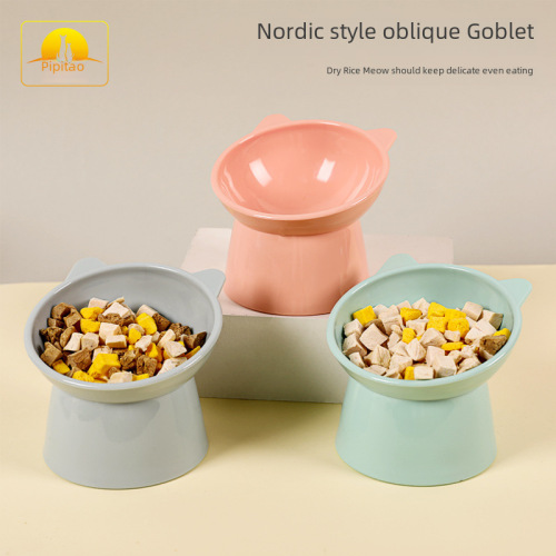 Tall cat bowl Pipitao Nordic style tilted cartoon neck protector to prevent overturning plastic heightening to prevent cervical spondylosis for pets