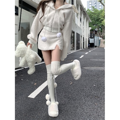 Imitation lamb wool pure lust style cardigan jacket two-piece set for women new autumn and winter high waist skirt suit short skirt