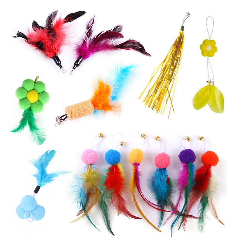 A collection of various Amazon cat toys, feather cat teasing stick replacement heads, wholesale fishing cat pole replacement accessories heads