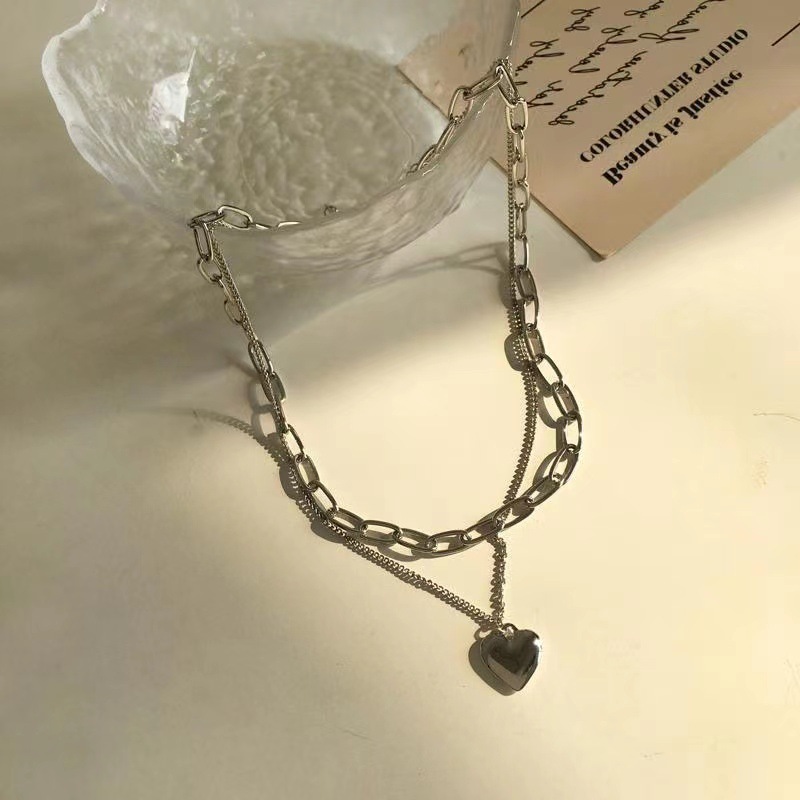 European and American hip hop double chain love necklace ins cold style fashion sweater chain clavicle chain neck necklace for women