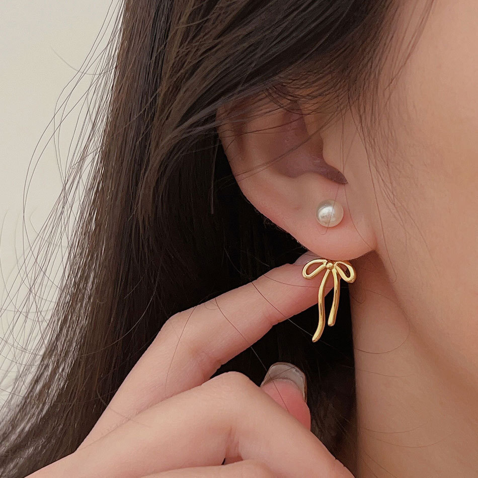 Korean version 925 sterling silver bow pearl earrings simple temperament versatile ins style earrings