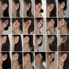 Zircon double layer ear clip without piercing square diamond cross chain fake earrings handsome four-pointed star ear bone clip for women