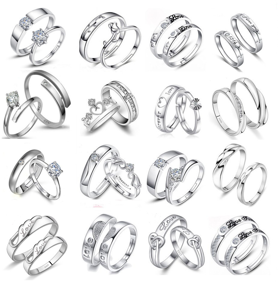 Cross-border supply European and American silver-plated jewelry open couple ring female Korean version zircon wedding diamond ring live mouth pair ring